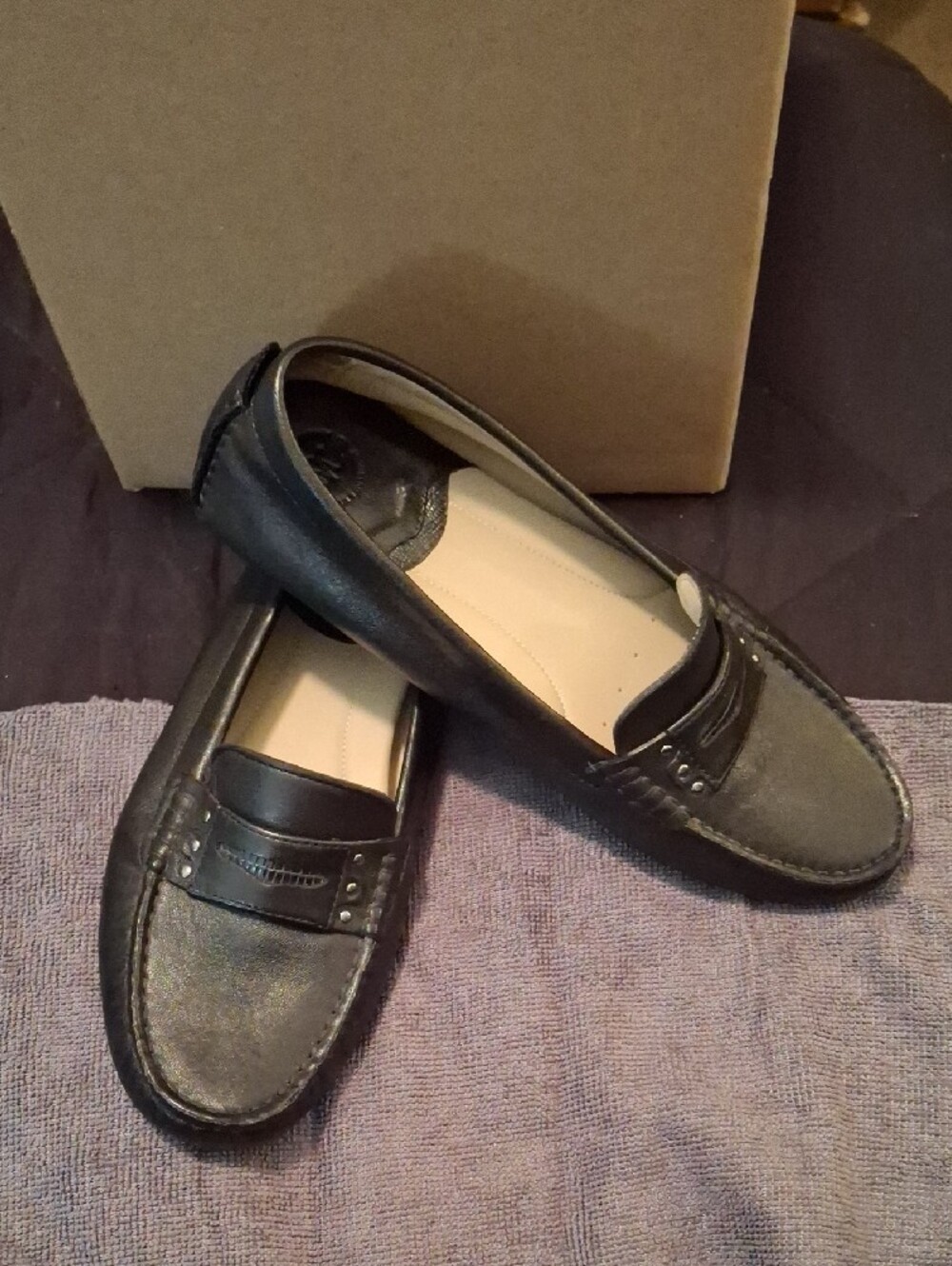 Women's Black Leather Slip-On Loafers with Stud Detail - Picture 4 of 6